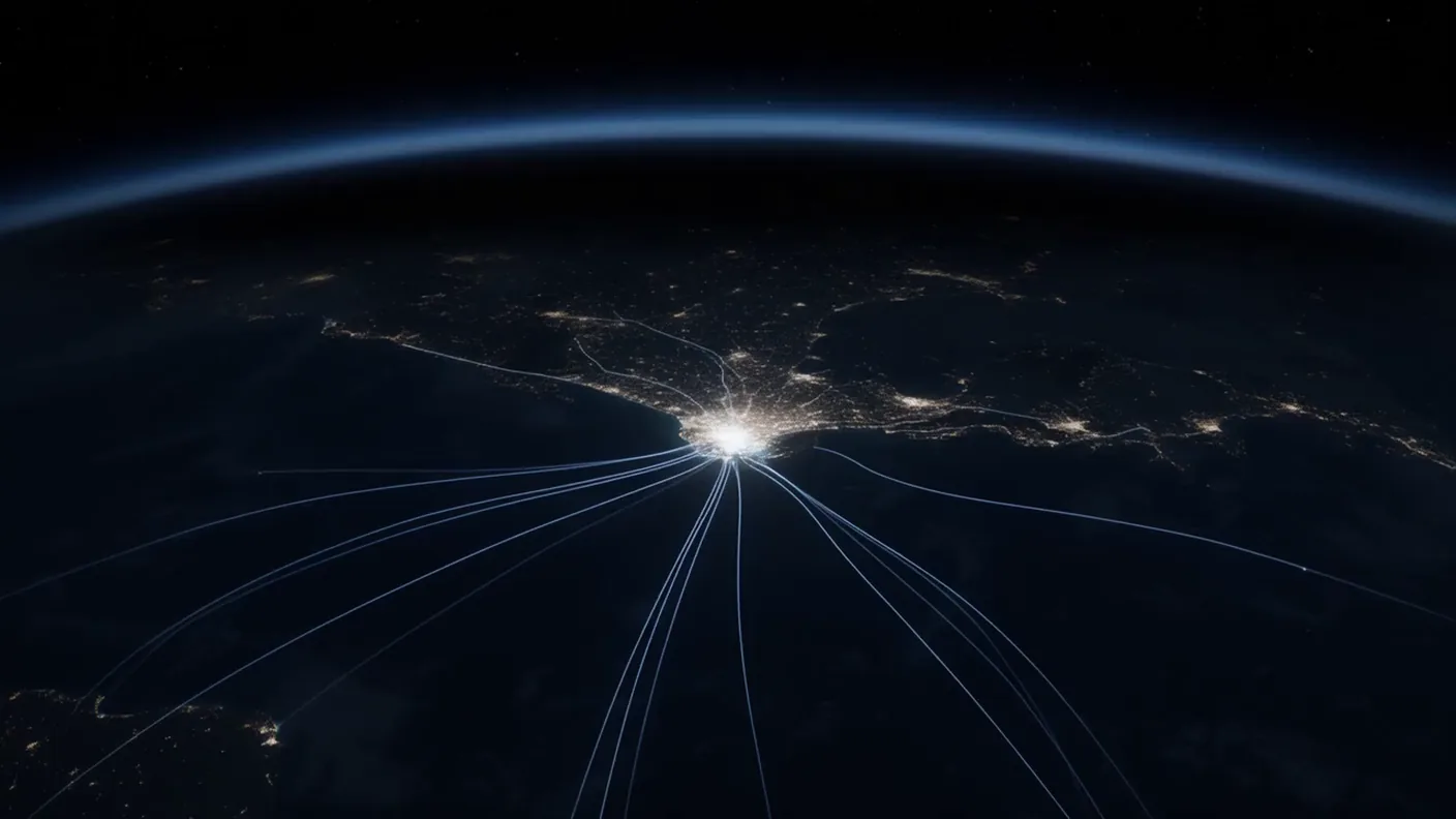 Earth at night from high orbit: dark oceans, faint city glow, thin cold-blue submarine cable routes converging on one bright coastal city at the centre.