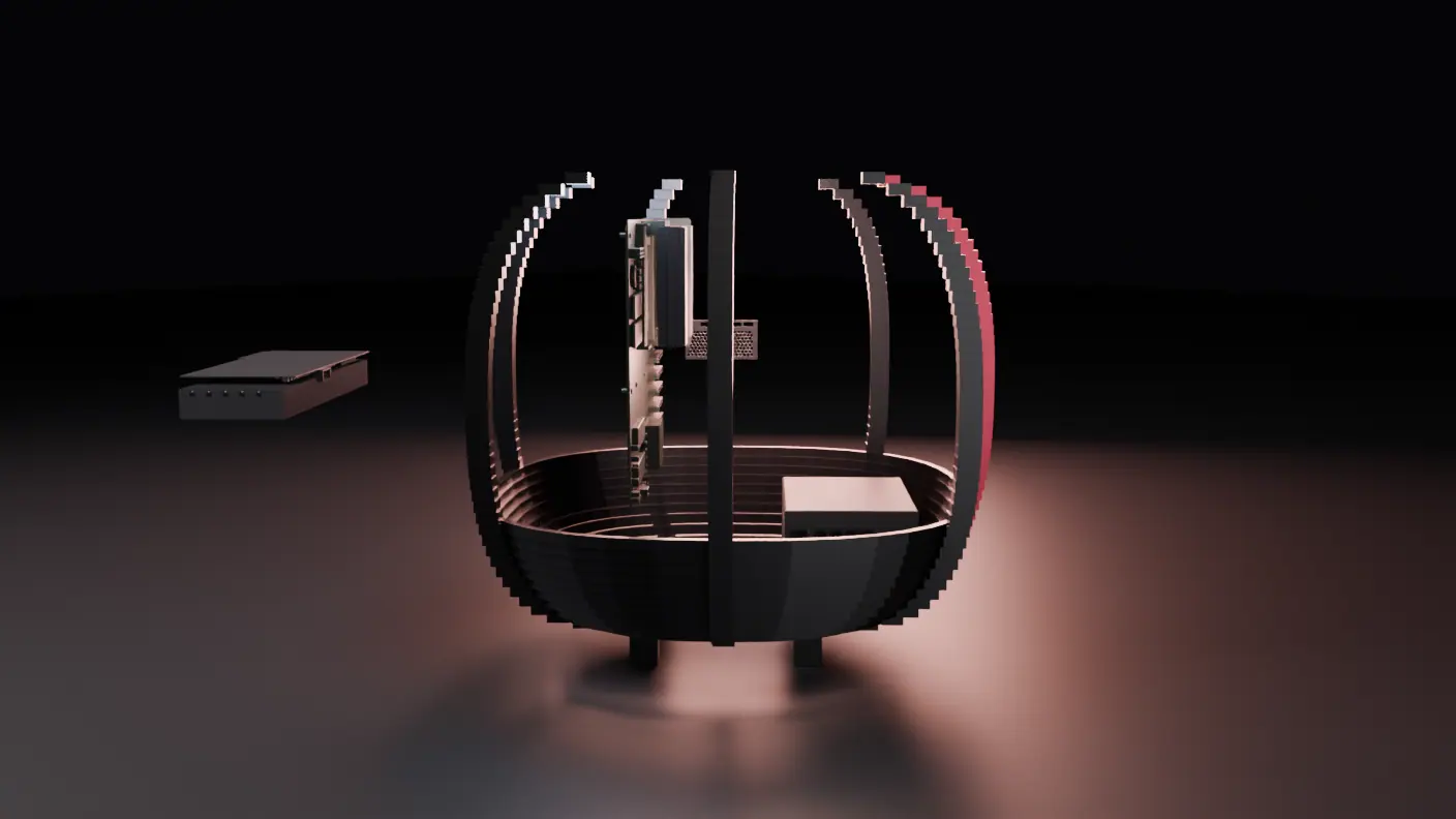 A graphics card seated above the board, and beside it a tower of thin copper fins assembling itself piece by piece, with circular fans moving into position on two deck plates.