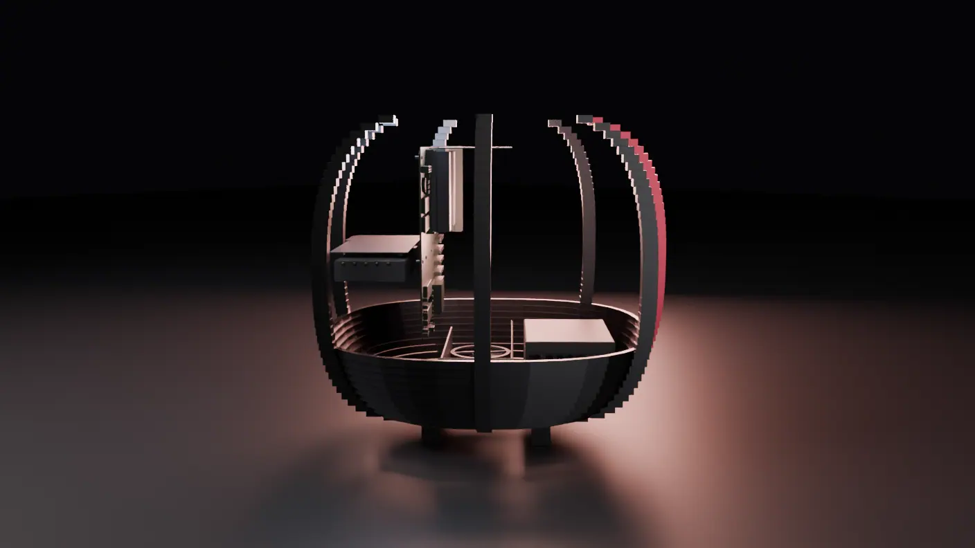 A graphics card seated above the board, and beside it a tower of thin copper fins assembling itself piece by piece, with circular fans moving into position on two deck plates.