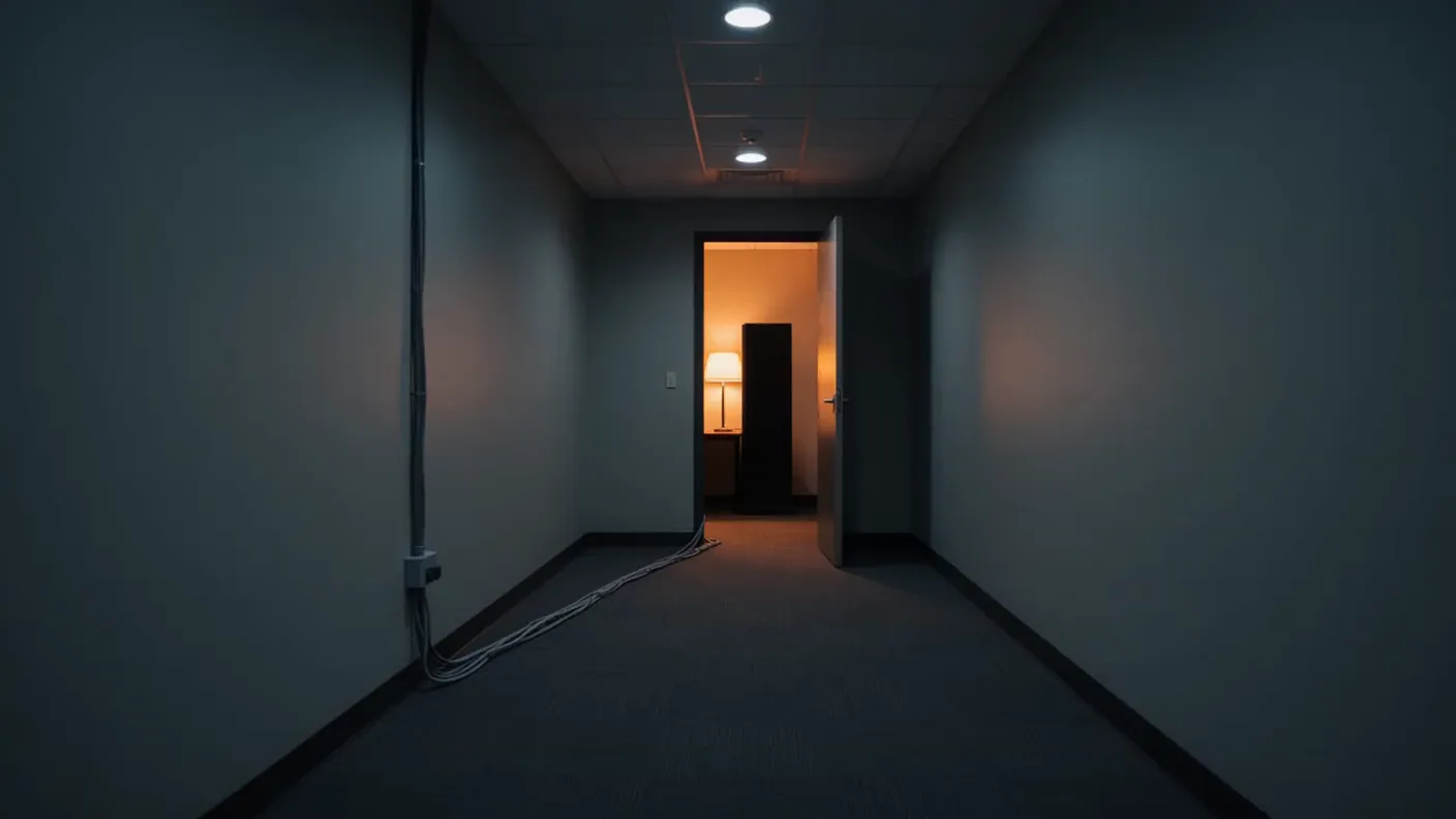 A corridor on an office floor, one door at its end, lit from inside.