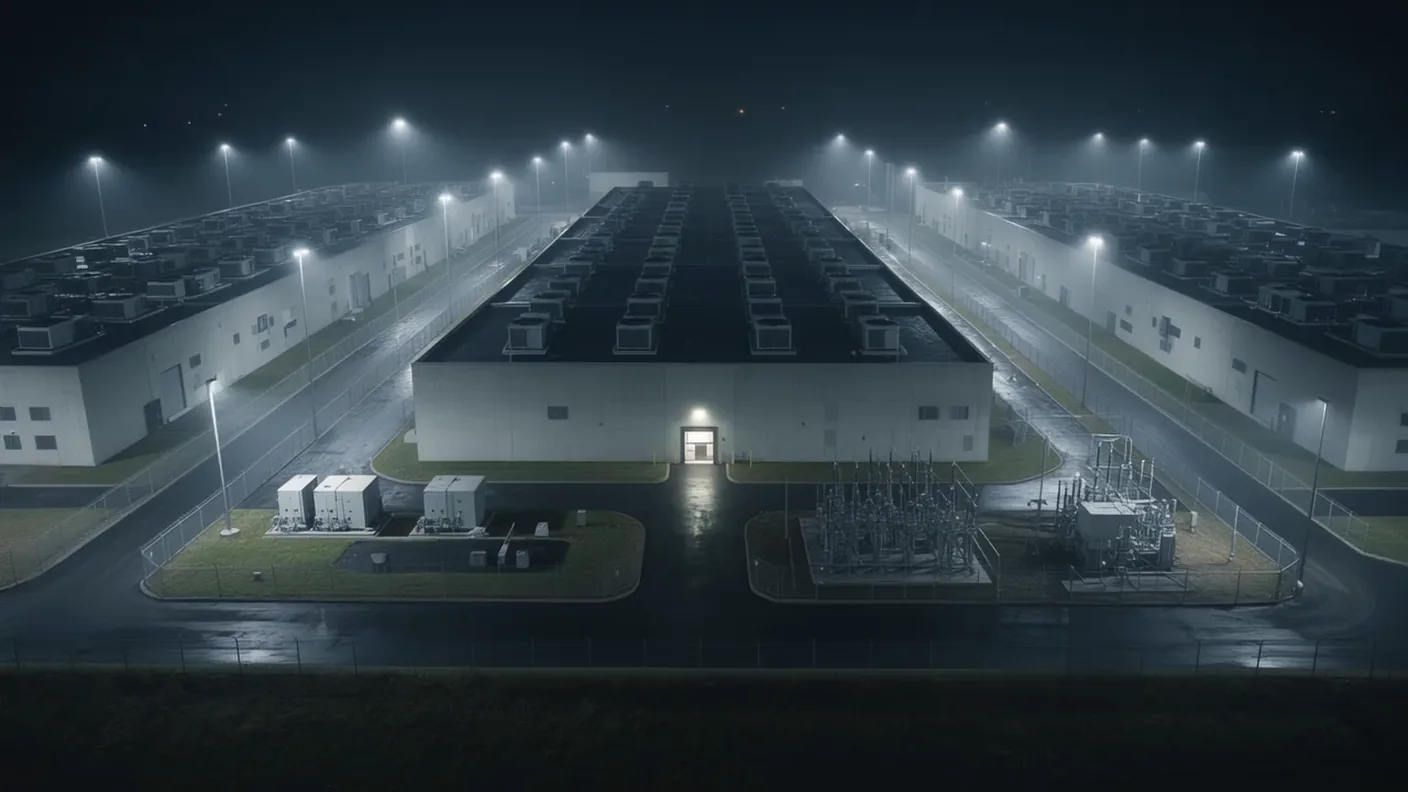 A floodlit data-centre campus from a few hundred metres up, long halls in cold white light, roads between them.