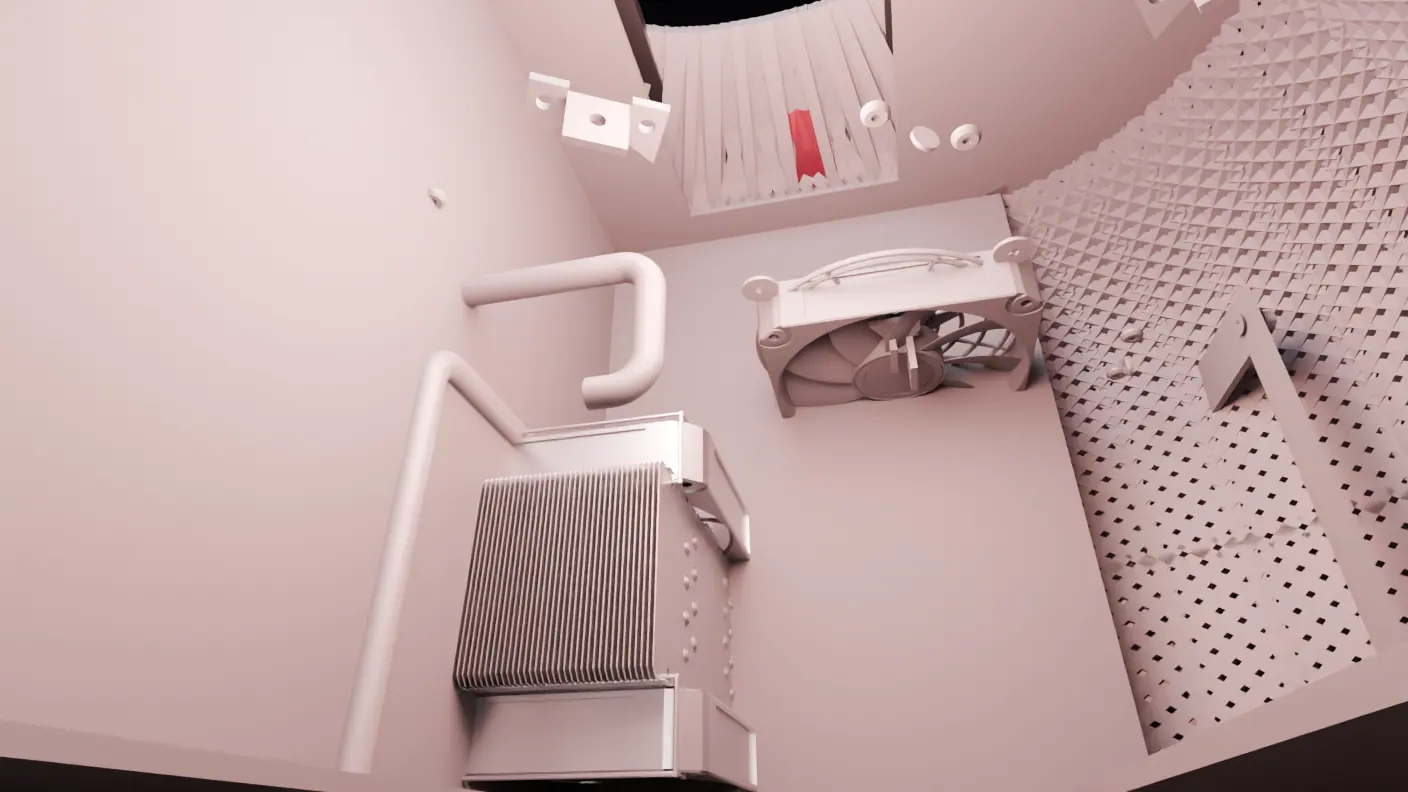 Inside the machine, lit pink-white. A smooth pale panel fills the left half; at the centre a fan and a standoff; at the right the inner face of the lattice wall, a field of small pyramids with diamond openings between them.