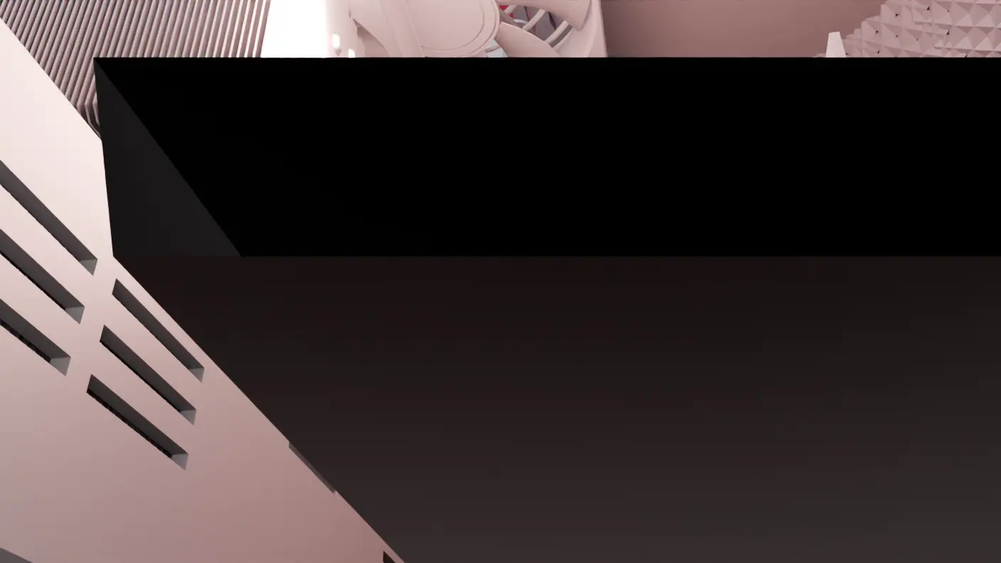 Inside the machine, lit pink-white. A smooth pale panel fills the left half; at the centre a fan and a standoff; at the right the inner face of the lattice wall, a field of small pyramids with diamond openings between them.