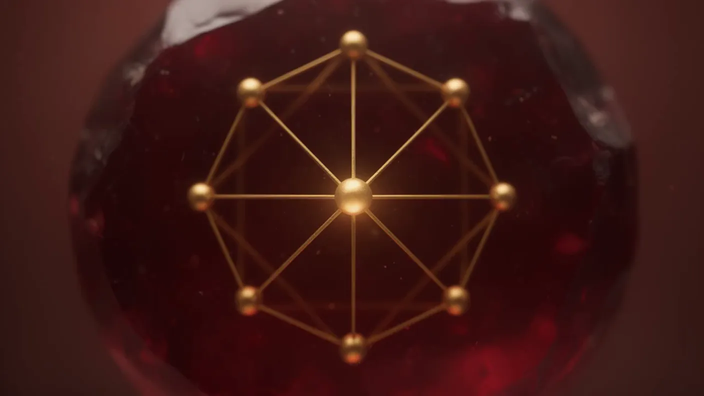 The mark's lattice resolving out of the garnet's light.