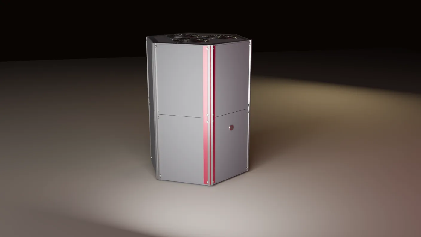 The machine's design, close: a hexagonal prism with a vertex facing the camera, twelve dark facets, a garnet spine on the leading edge.