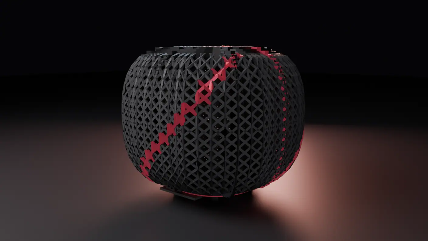 A dark machine alone on the floor of an unlit studio, a rounded pillow-shaped body whose entire surface is a woven lattice of small crossed struts in matte charcoal, with one deep-red line winding diagonally up and around it.