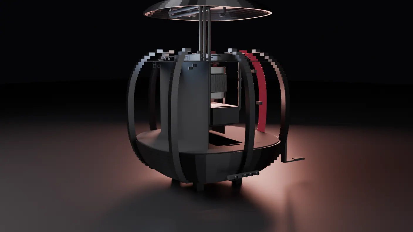 The hardware seen from outside as a lattice of dark struts weaves itself closed around it, cell by cell, with deep-red members winding diagonally up through the weave as it forms.