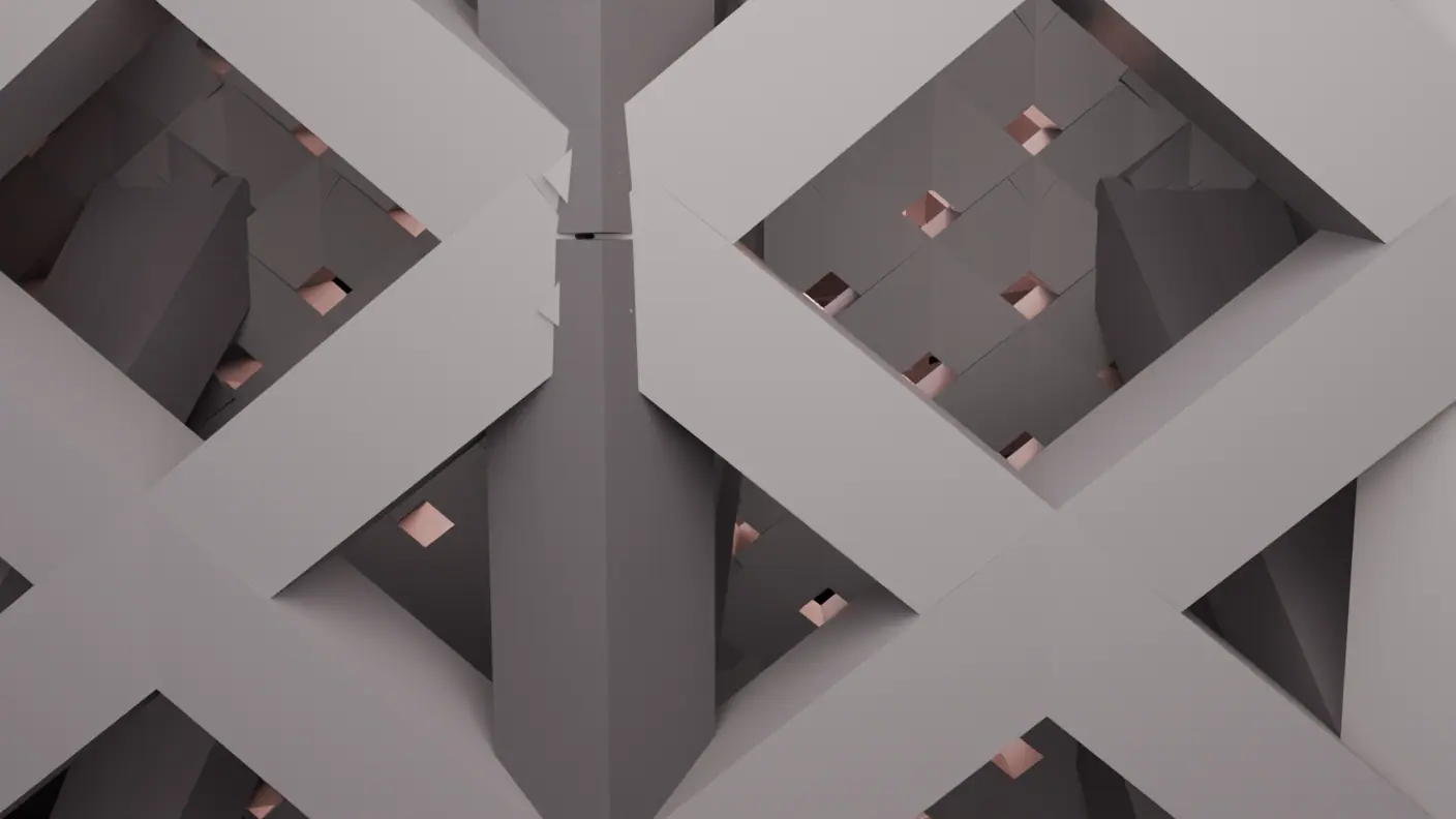 Filling the frame, two enormous X-shaped strut crossings in pale grey, lit from the front. Behind them, in shadow, a second much finer lattice, its small diamond openings glowing warm copper with light coming from inside the machine.