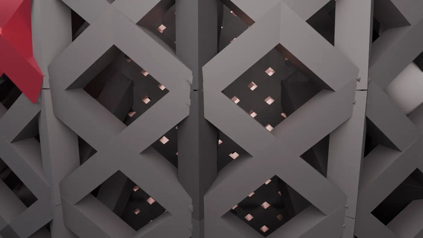 Filling the frame, two enormous X-shaped strut crossings in pale grey, lit from the front. Behind them, in shadow, a second much finer lattice, its small diamond openings glowing warm copper with light coming from inside the machine.