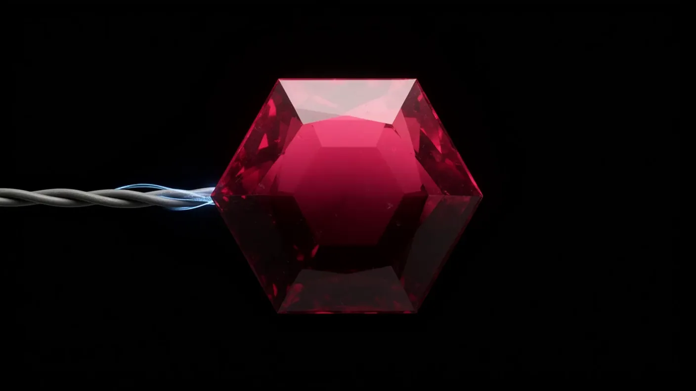 A garnet, lit from inside, against the dark.
