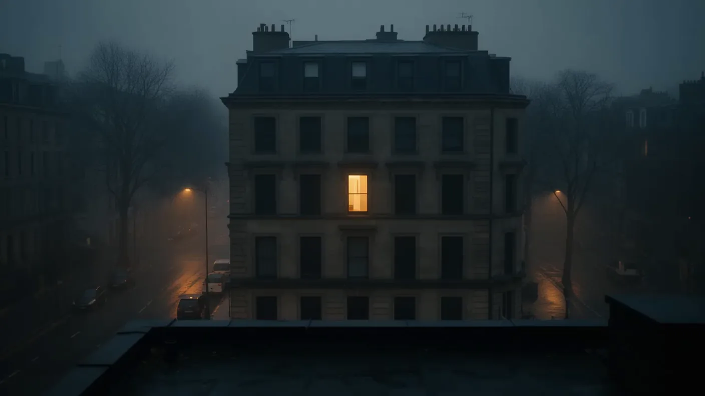 An ordinary street at dusk and one building's front door, warm light in a window.