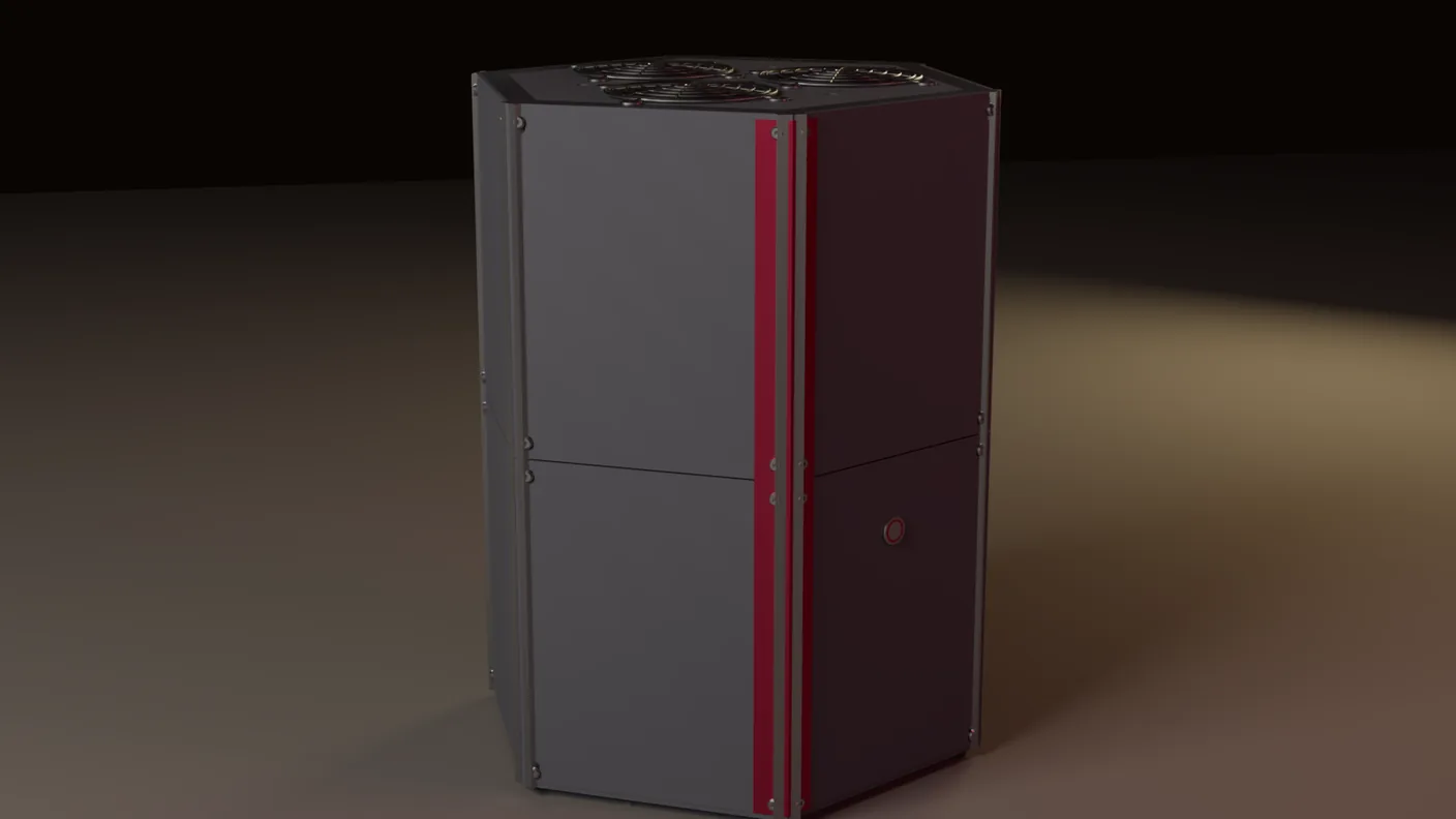The machine's design, closed, rendered from its own design file: a tall hexagonal prism in dark facets with a garnet spine.