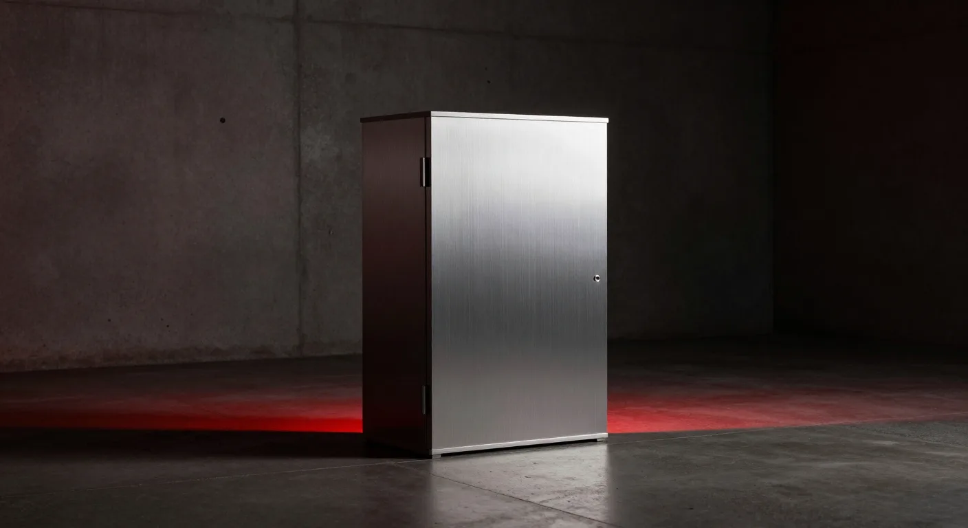 Three identical machined modules standing in a row on a dark surface, each with a single small indicator lit.