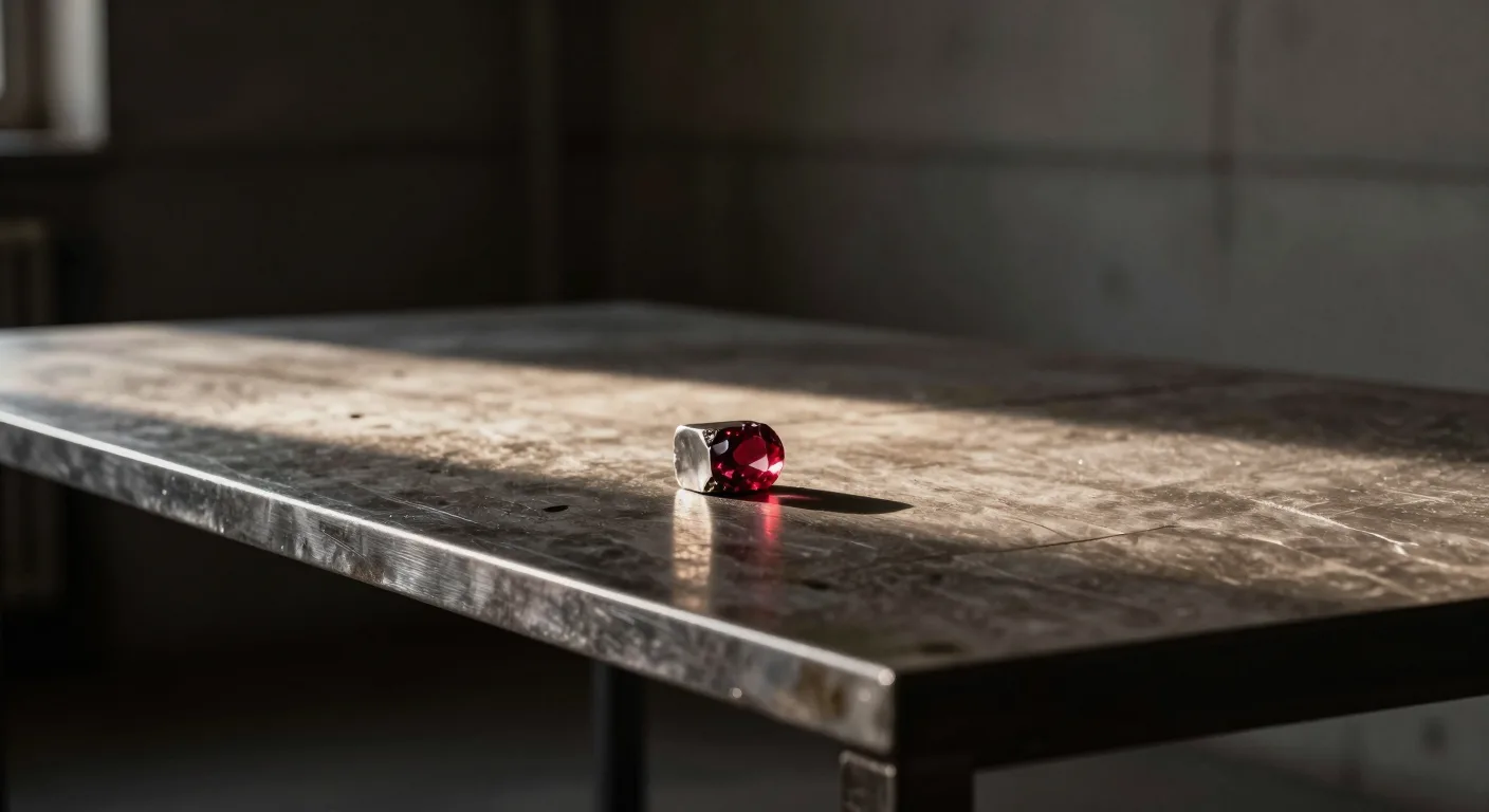A bare machined aluminium chassis shell standing open and empty on a scratched steel workbench, a folded grey cloth squared off beside it.
