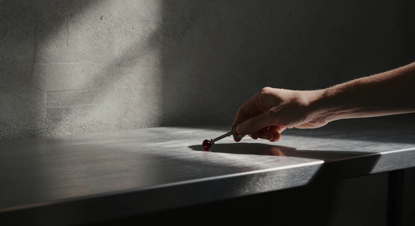 Two hands over a dark surface, one passing a small machined key to the other.