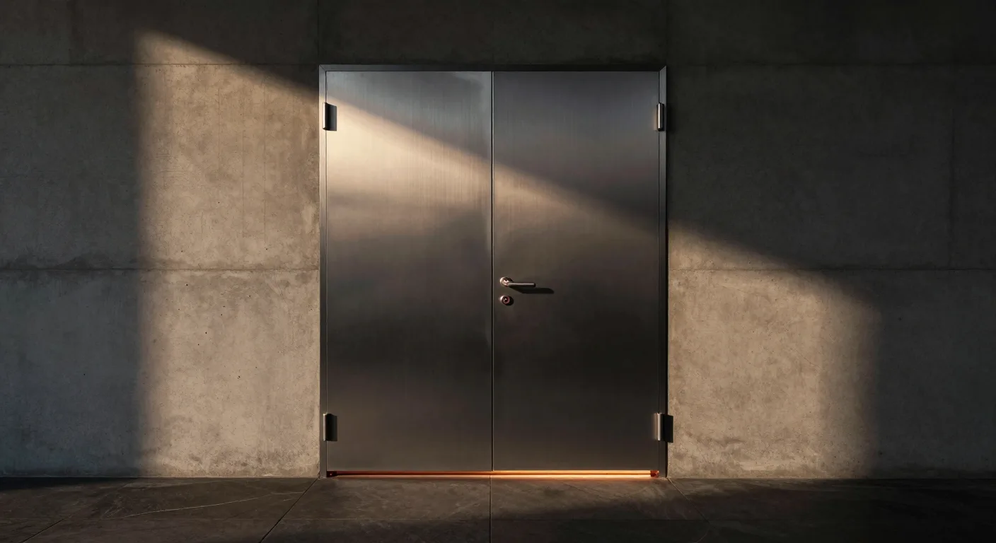 A heavy door closed in a concrete wall, a thin line of warm light running down its edge.