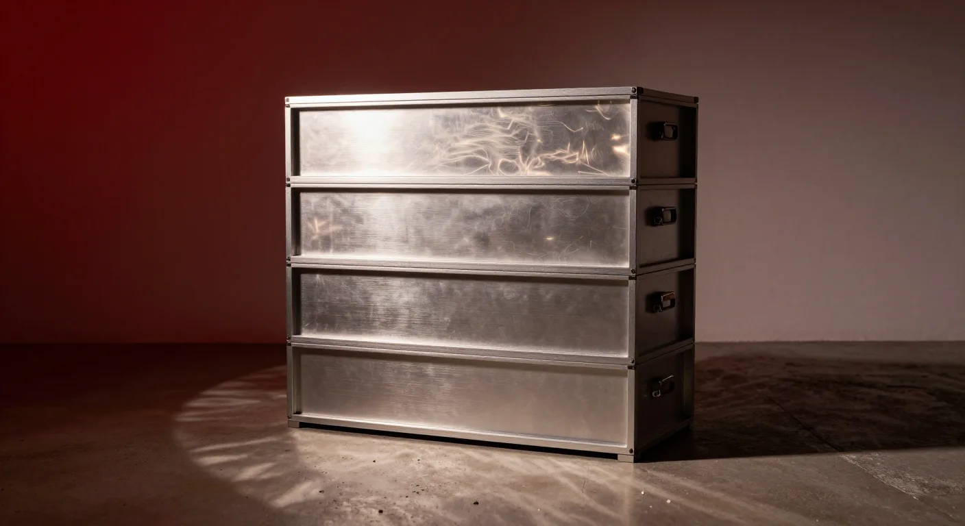 Four identical units stacked in an open steel frame, their front faces flush and aligned.