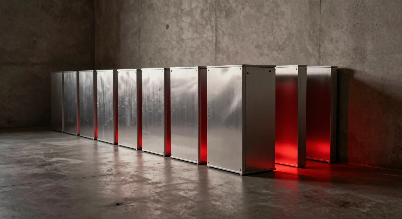 A row of the same identical machines receding down a concrete room, each one smaller than the last.