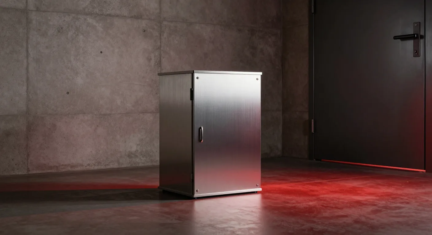 A machine standing alone in a sealed concrete room, beside the edge of a heavy door.