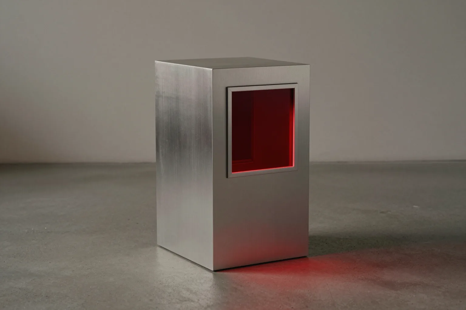 One sealed brushed-aluminium enclosure, closed on every face, standing alone on a steel bench under a single deep red light.