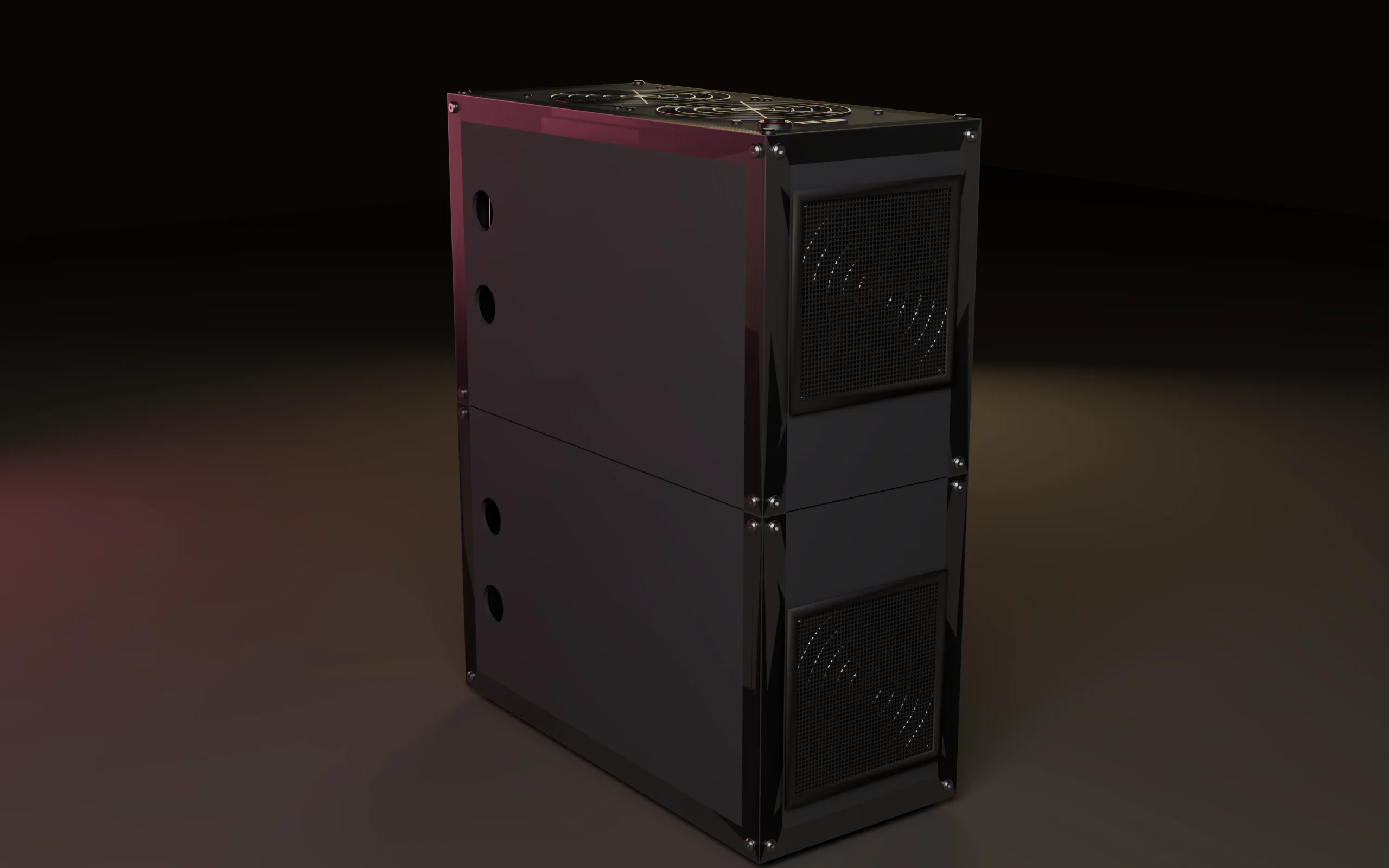 The Garnet machine rendered from its own design file: a tall narrow case in charcoal printed panels on an aluminium frame, lit garnet from the left and gold from behind.
