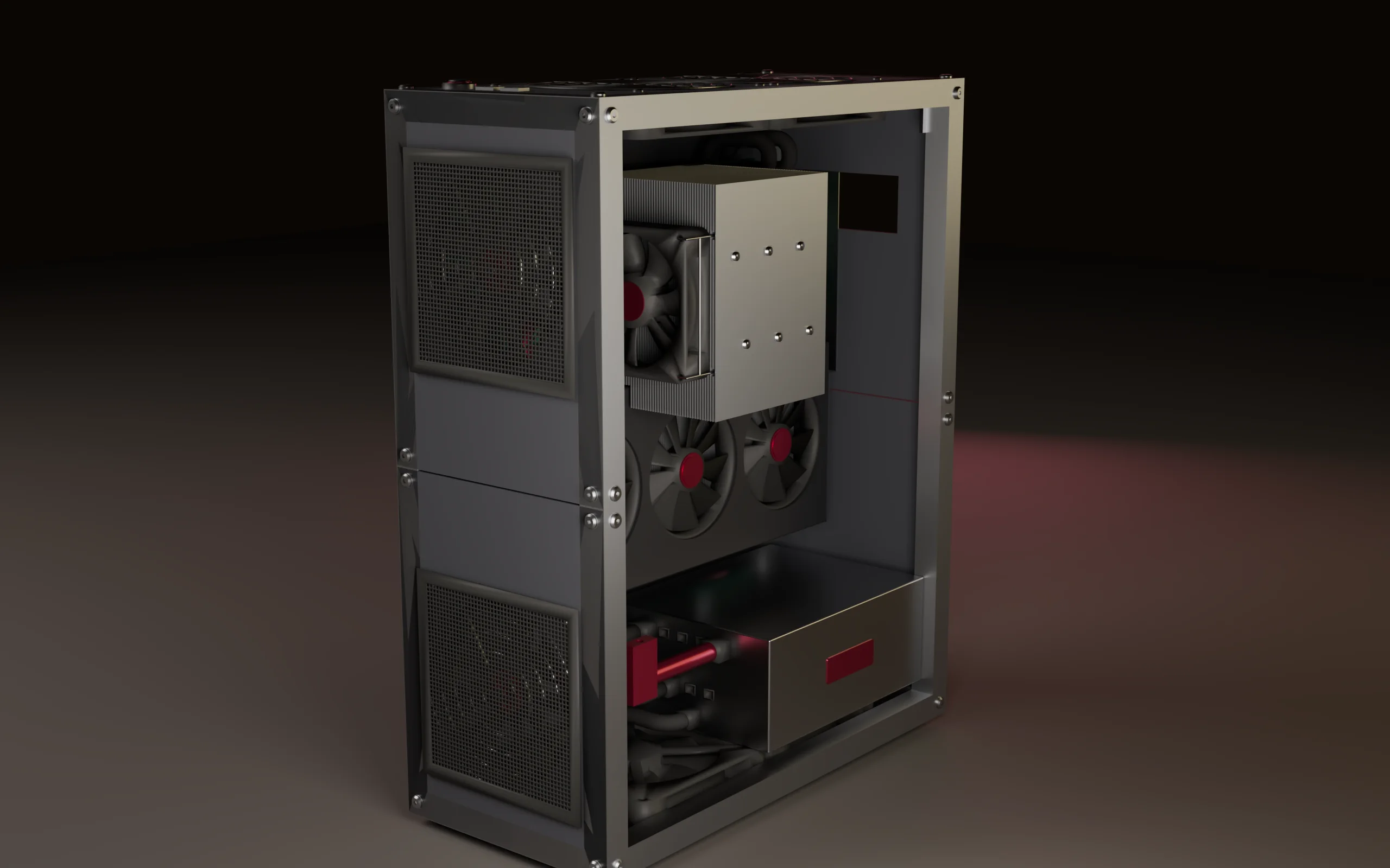 The machine with one side panel removed: an aluminium frame, a tower cooler over the board, a three-fan graphics card below it with garnet hubs, the power supply at the floor and sleeved cables along the near side.
