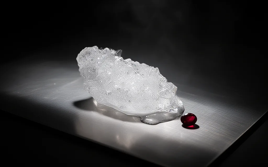 A large translucent crystal whose base has partly melted away.