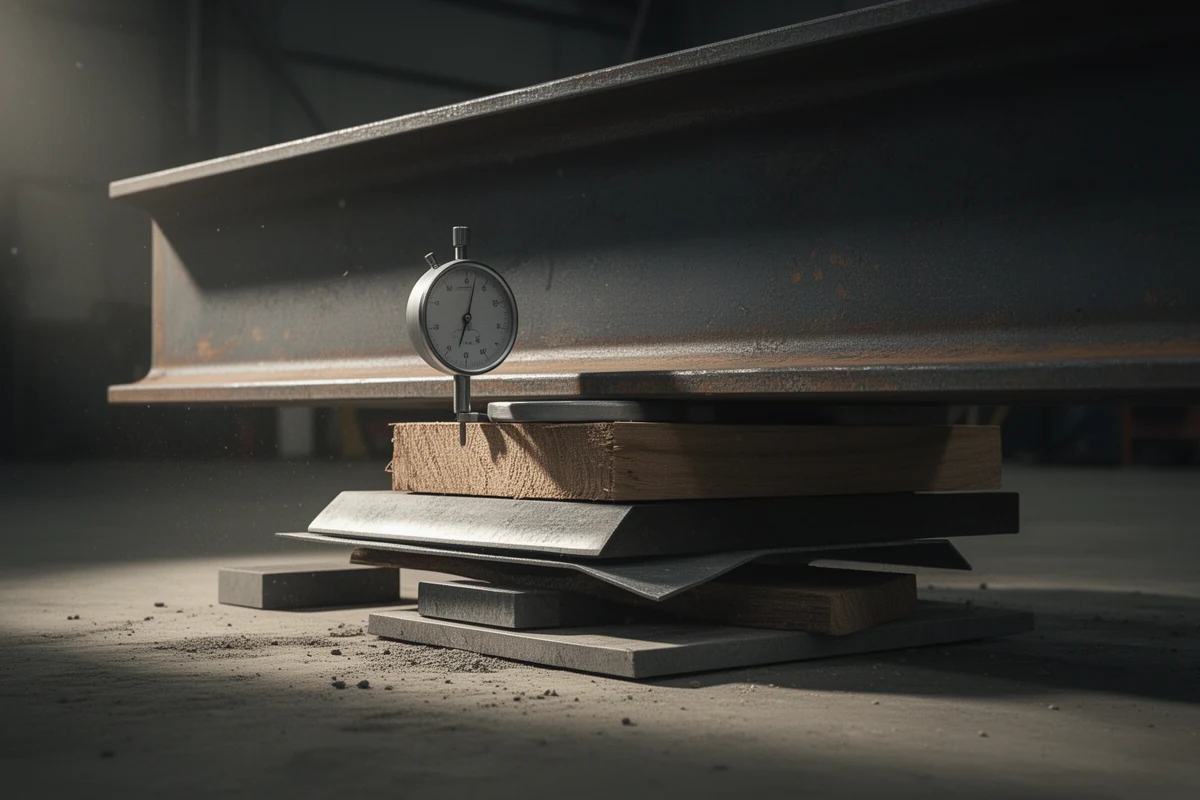 A heavy steel beam resting on an improvised stack of mismatched shims, a dial indicator standing beneath it reading the sag.