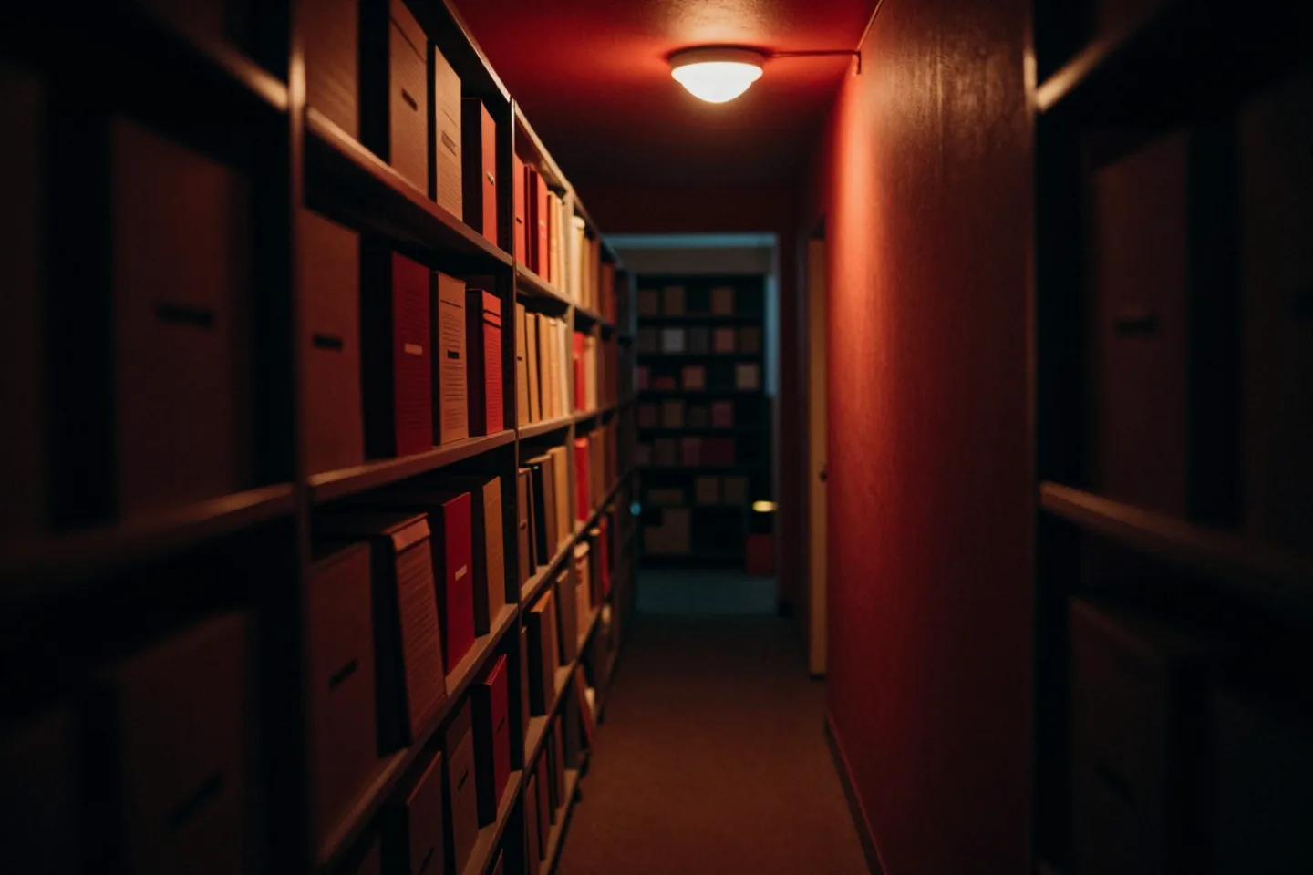 A narrow archive room lined with grey document boxes on steel shelving, photographed down the aisle.