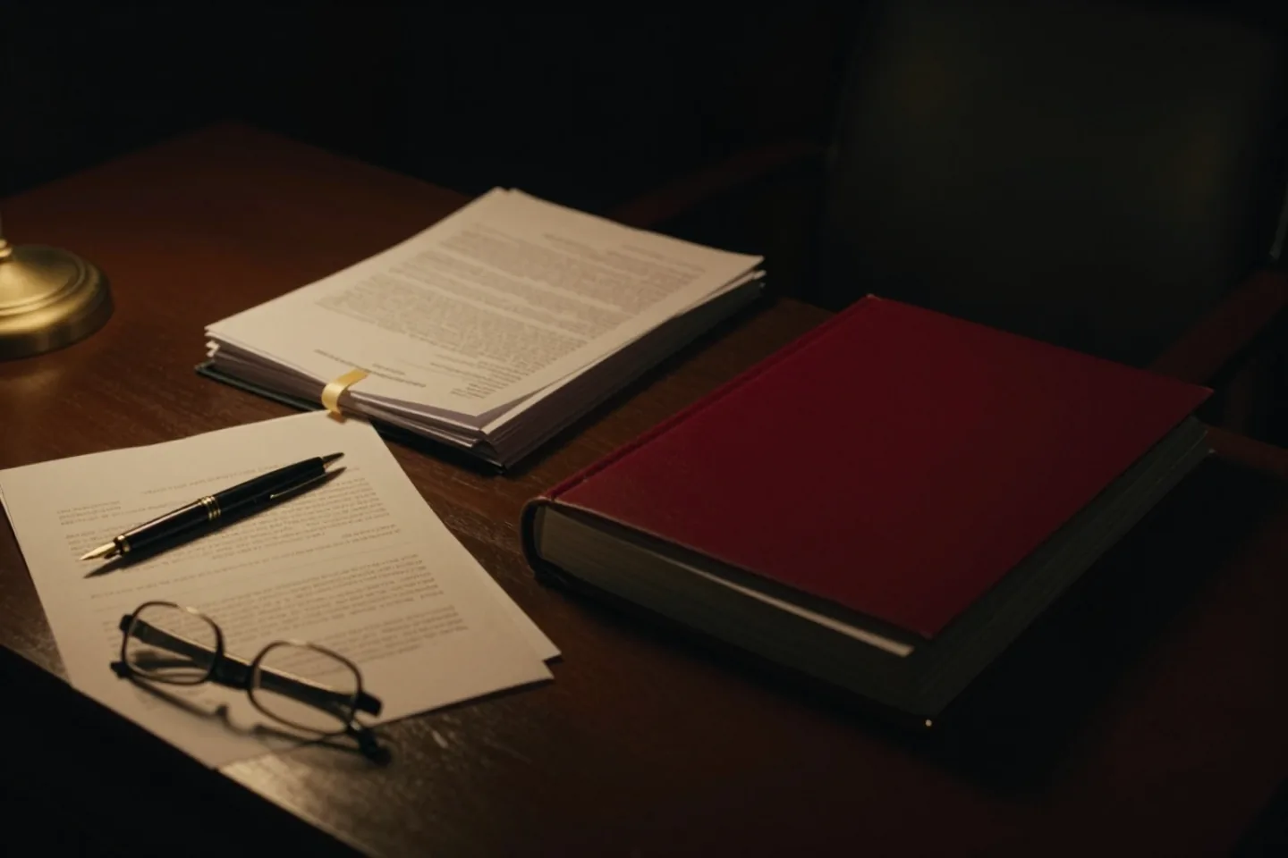 A working legal desk from above: bound case files, a ribbon-tied bundle of documents, a fountain pen and reading glasses on green leather.