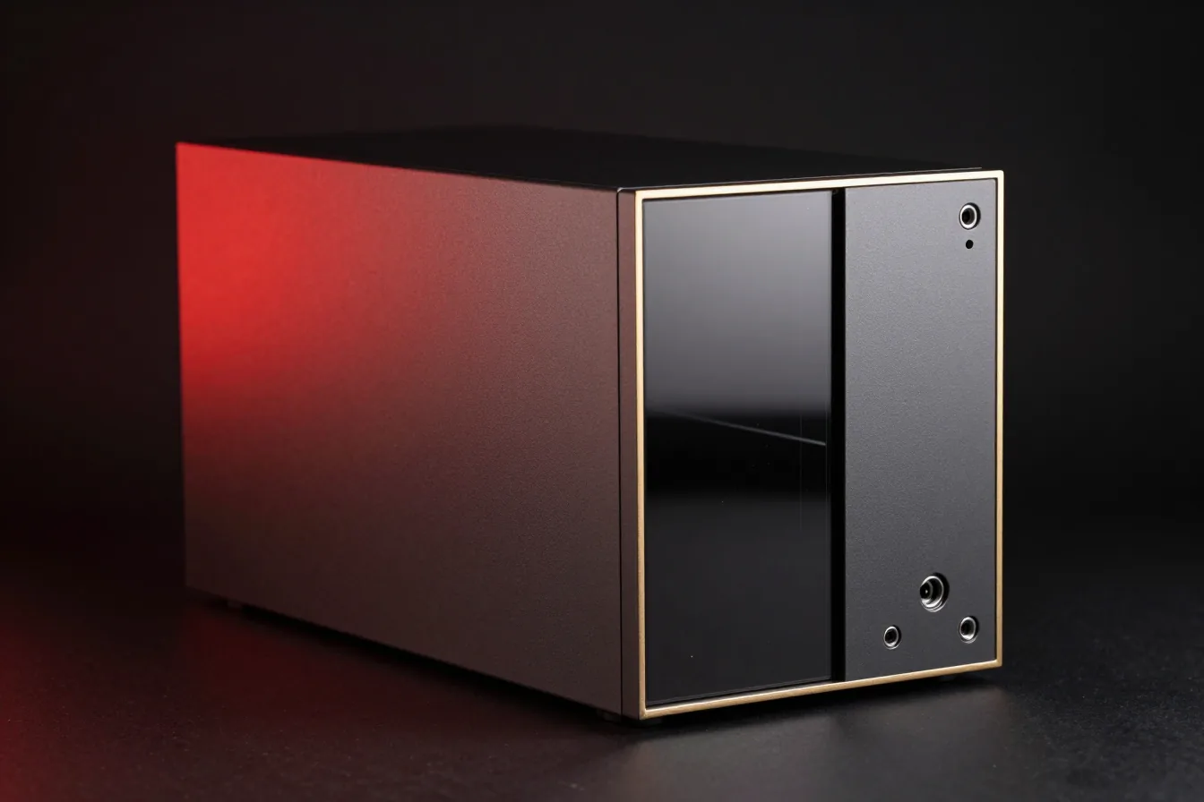 A matte black workstation tower standing on a concrete floor in the corner of a warm office.