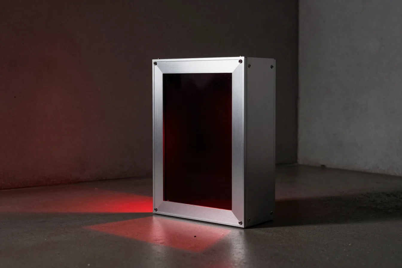 A brushed-aluminium case alone on a concrete floor, its open front face glowing dark red onto the ground in front of it.