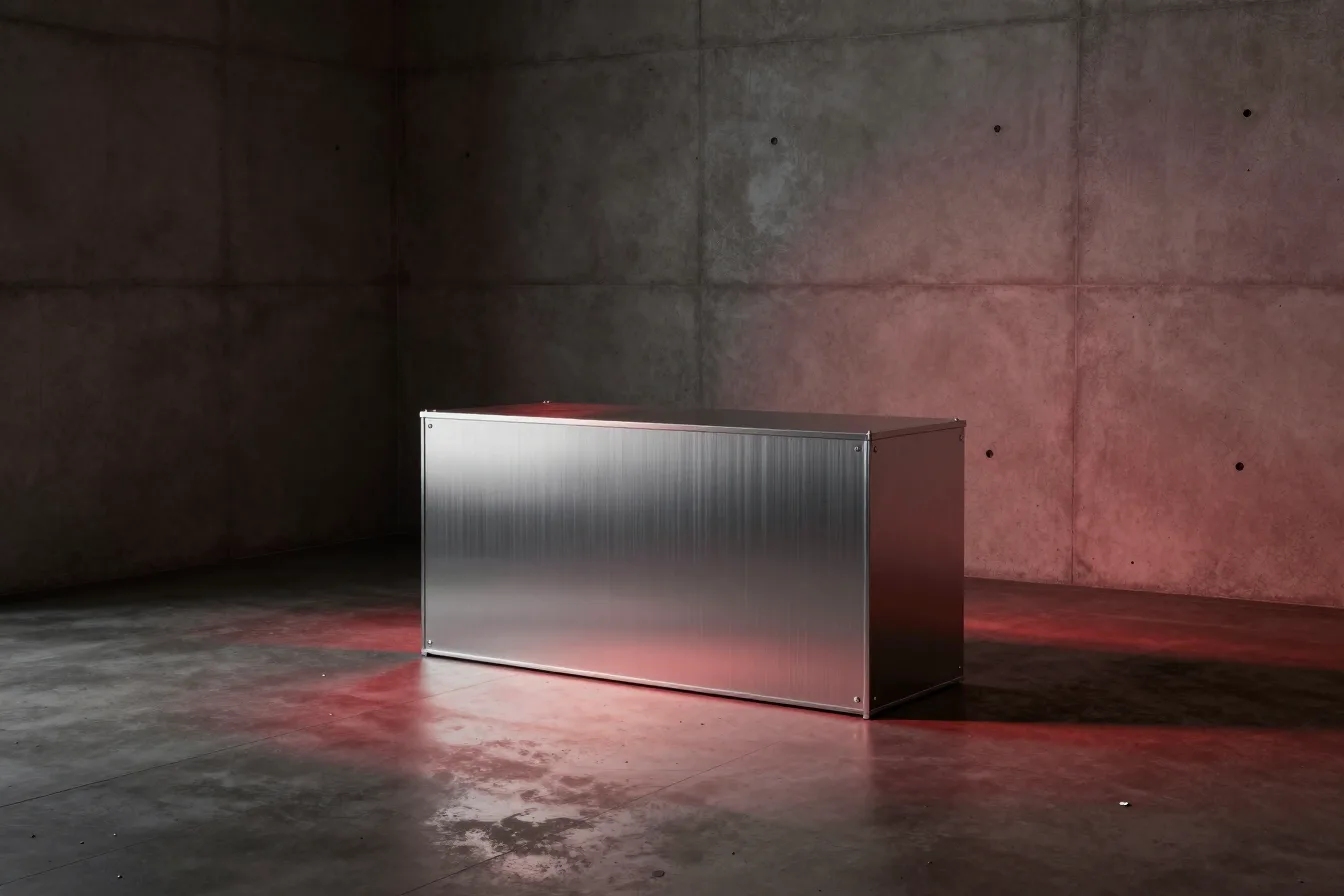 A long brushed-aluminium cabinet alone on the concrete floor of a bare room, red light spilling around it. Nobody is there.