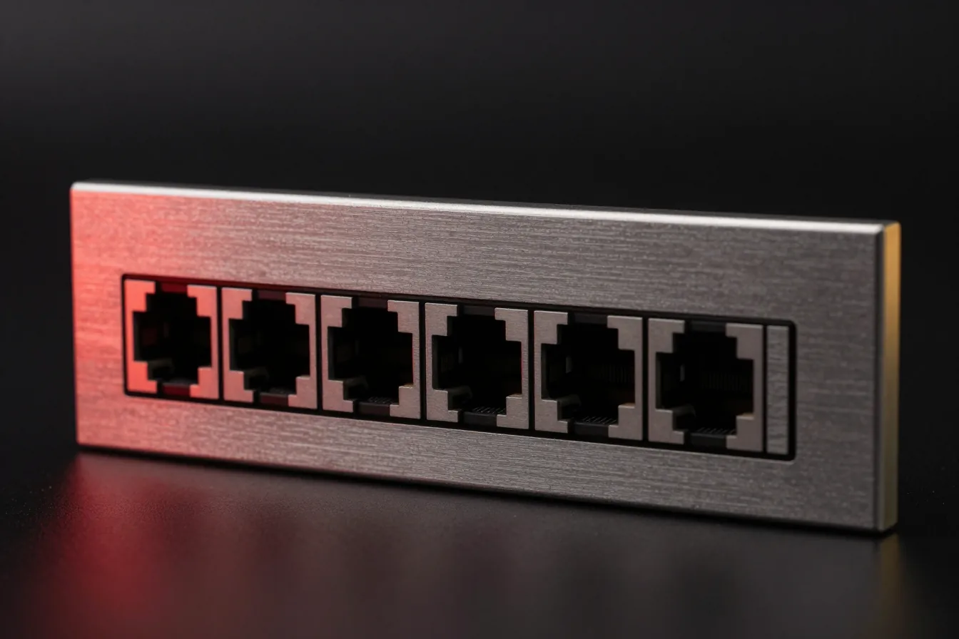 A wall-mounted patch panel photographed square on, most ports empty.