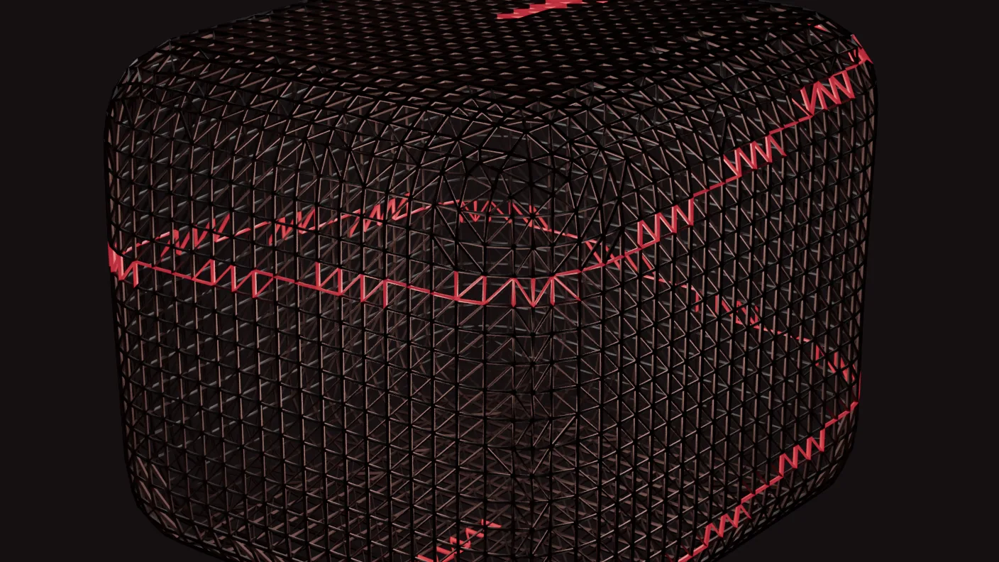 The machine: a squared body with generous corner radii whose entire shell is a fine triangular weave of dark struts, with one garnet path climbing through it from base to top.