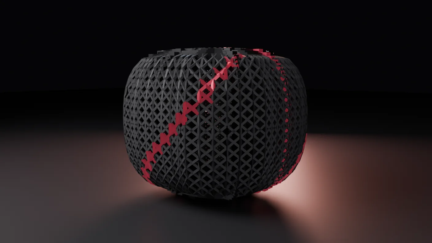 The machine: a softly rounded body with no hard edge anywhere, its entire shell a fine woven lattice of dark struts over a second finer layer behind it, with one continuous deep-red garnet path winding up and around it.